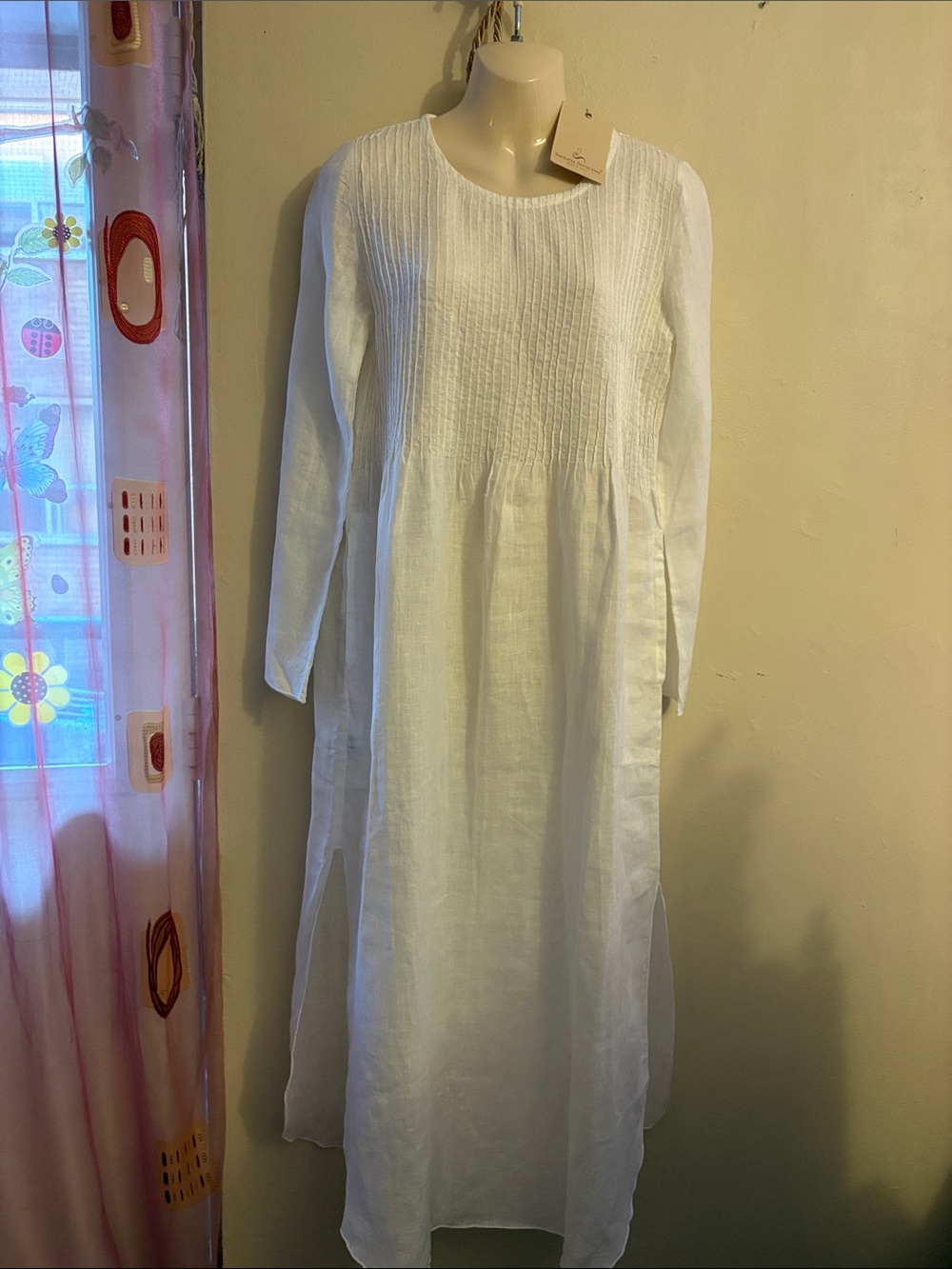 Long White Pintuck Maxi Dress with Long Sleeves